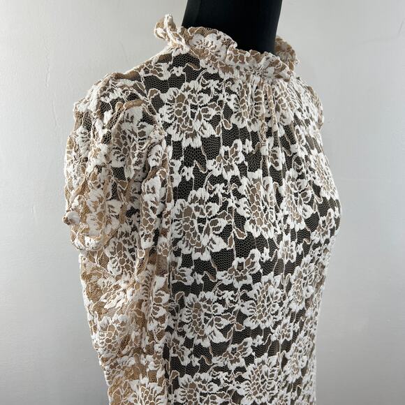 ANTHROPOLOGIE DOLAN Sheer Ivory Lace Puff Sleeve Mock Neck Blouse Top Size M NEW - Picture 7 of 13